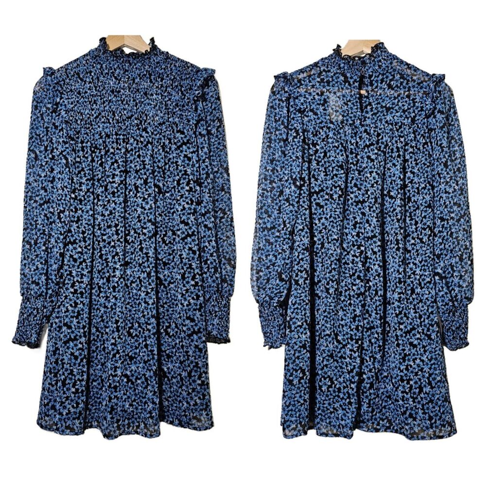 Mi Ami Francesca’s Black Blue Lucy Smocked Floral Ruffle Dress S NWT